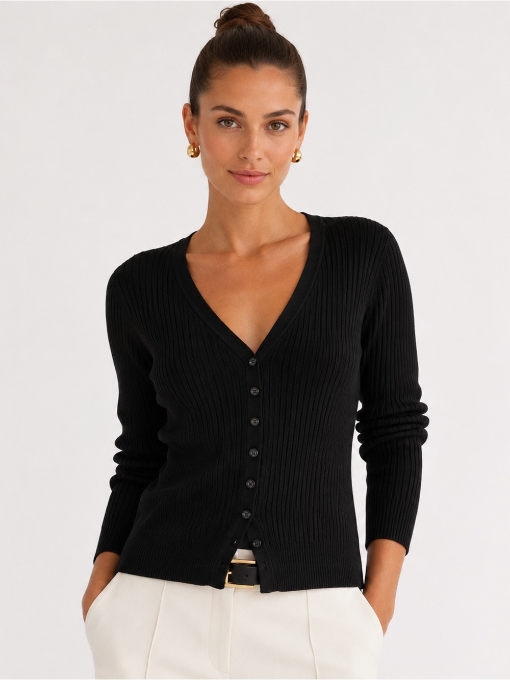 Reitmans Petites Black Ribbed V-Neck Cardigan Sweater - Size XL - Button Front